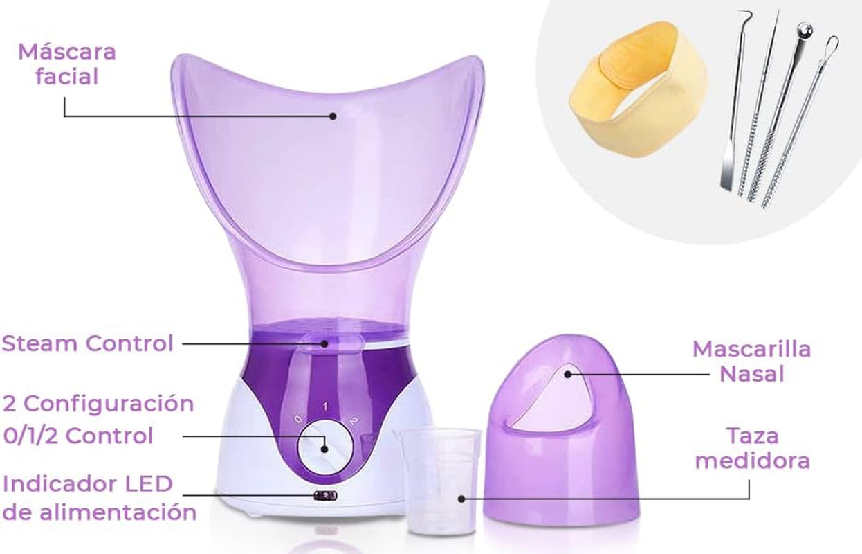 Vaporizador Facial Y Humidificador 100W, Kit Eliminación Espinillas, Uso Doméstico, Enchufe UE/EE.UU (Púrpura)